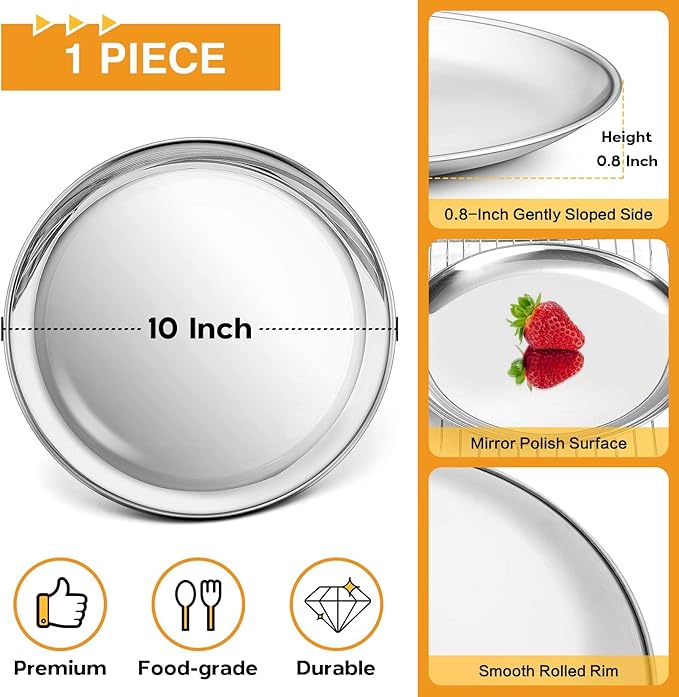 P&P CHEF 10 Inch Pizza Pan, Stainless Steel Round Pizza Tray Baking Pans, Pizzas Plate Serving Tray for Cookie Meat, Oven & Dishwasher Safe & Easy Cleaning, (Mirror Finish) - 1 Piece
