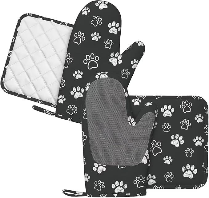 Dog Paw Print Oven Mitts and Pot Holders Set of 4 Silicone Black White Dog Paw Print Kitchen Mitten Gloves and Non-Slip Potholders Set Heat Resistant Oven Gloves Hot Holders for Kitchen