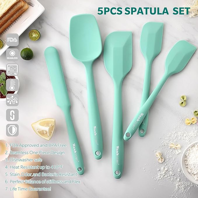 Wanbasion 5 Piece Premium Silicone Spatula Set Heat Resistant, Colorful Rubber Baking Spatula Set, Kitchen Spatula Set Dishwasher Safe for Nonstick Cookware Cooking Mixing Light Green