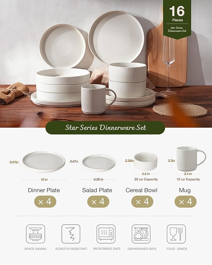 Famiware Star Dinnerware Set with Mugs, Service for 4 (16pcs), Ribbed Stoneware Plates and Bowls Dishes Sets - Chip & Scratch Resistant, Microwave & Dishwasher Safe, Matte White