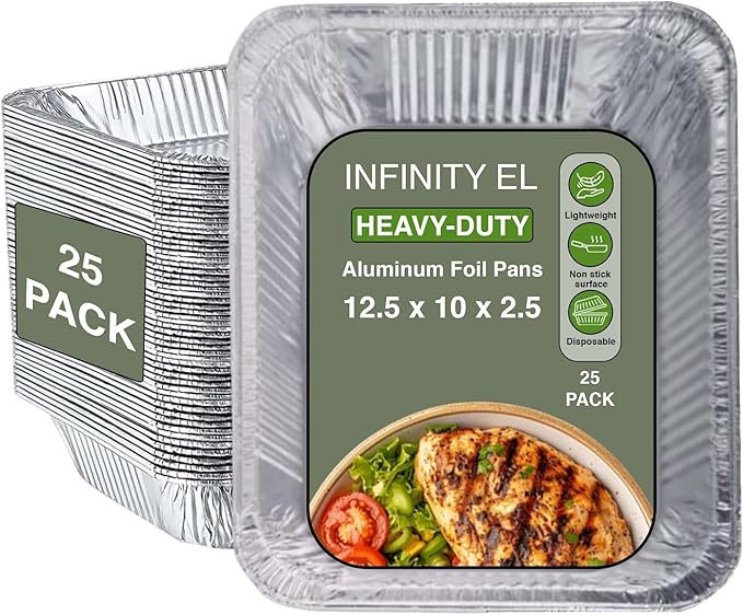 INFINITY EL Disposable Aluminum Foil Pans 25 Pack | Half Size 12.5" x 10" x 2.5" Deep Disposable Baking Pan | Heavy Duty Aluminum Foil Pan for Roasting Turkey, Lasagna, Thanksgiving, Christmas, Party