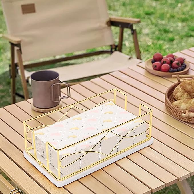 Napkin Holder with Marble Base, Guest Towel Paper Dispenser for Table, Modern Metal Napkin Stand, Ideal for All Bathroom Vanity, Kitchen Decor Accessories (Gold, 3.2 Inch)