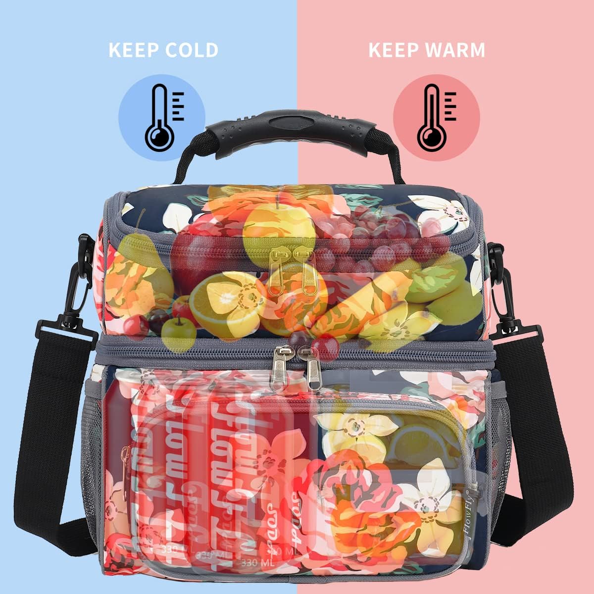 FlowFly Double Layer Cooler Insulated Lunch Bag Adult Lunch Box Large Tote Bag for Men, Women, With Adjustable Strap,Front Pocket and Dual Large Mesh Side Pockets