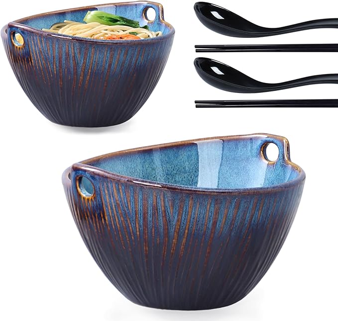 Ceramic Ramen Bowl with Chopsticks and Spoons Set, 6.7 Inch Noodle Bowl Set for Pho Udon Soba, Set of 2 (Sky Blue)