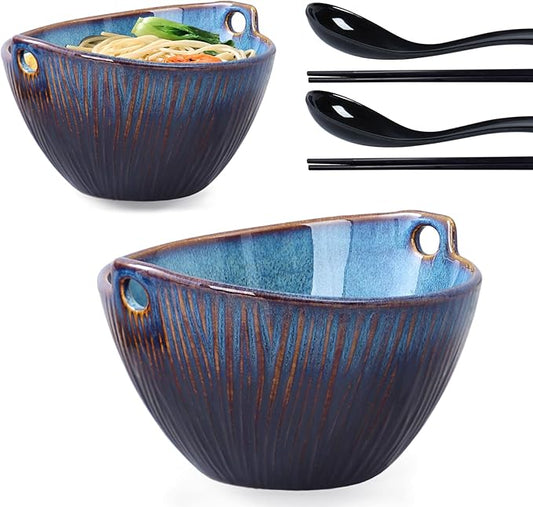 Ceramic Ramen Bowl with Chopsticks and Spoons Set, 6.7 Inch Noodle Bowl Set for Pho Udon Soba, Set of 2 (Sky Blue)