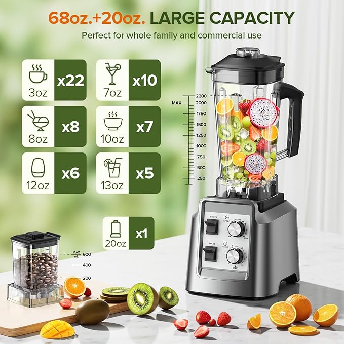 Blender for Smoothies, Blender with 68Oz. Pitcher & 20Oz. Grinder, 28000 RPM Blenders for Kitchen, Ice Crushing, Frozen Fruits, Blending
