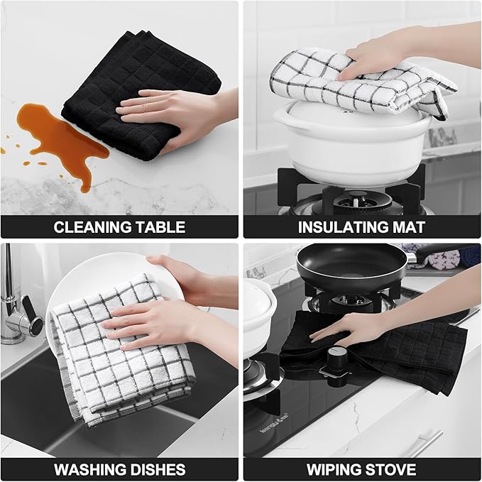 Homaxy Premium Cotton Kitchen Towels 16"x 28", Large Natural Ring Spun 390 GSM Dish Towels, Super Absorbent Terry Kitchen Hand Towels, Soft Tea Towel with Hanging Loop, Black Check Design, 8 Pack