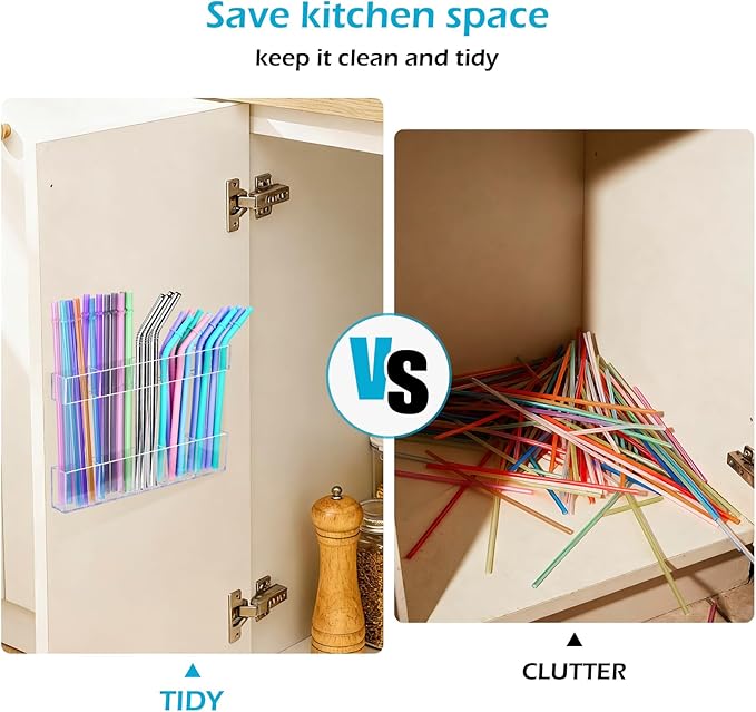 2Pack 9.5" Large Acrylic Straw Holder for Cabinet Door – Kitchen Cabinets Straws Organizer, Reusable Tumbler, Small Kitchens Accessories Storage Container (Transparent)