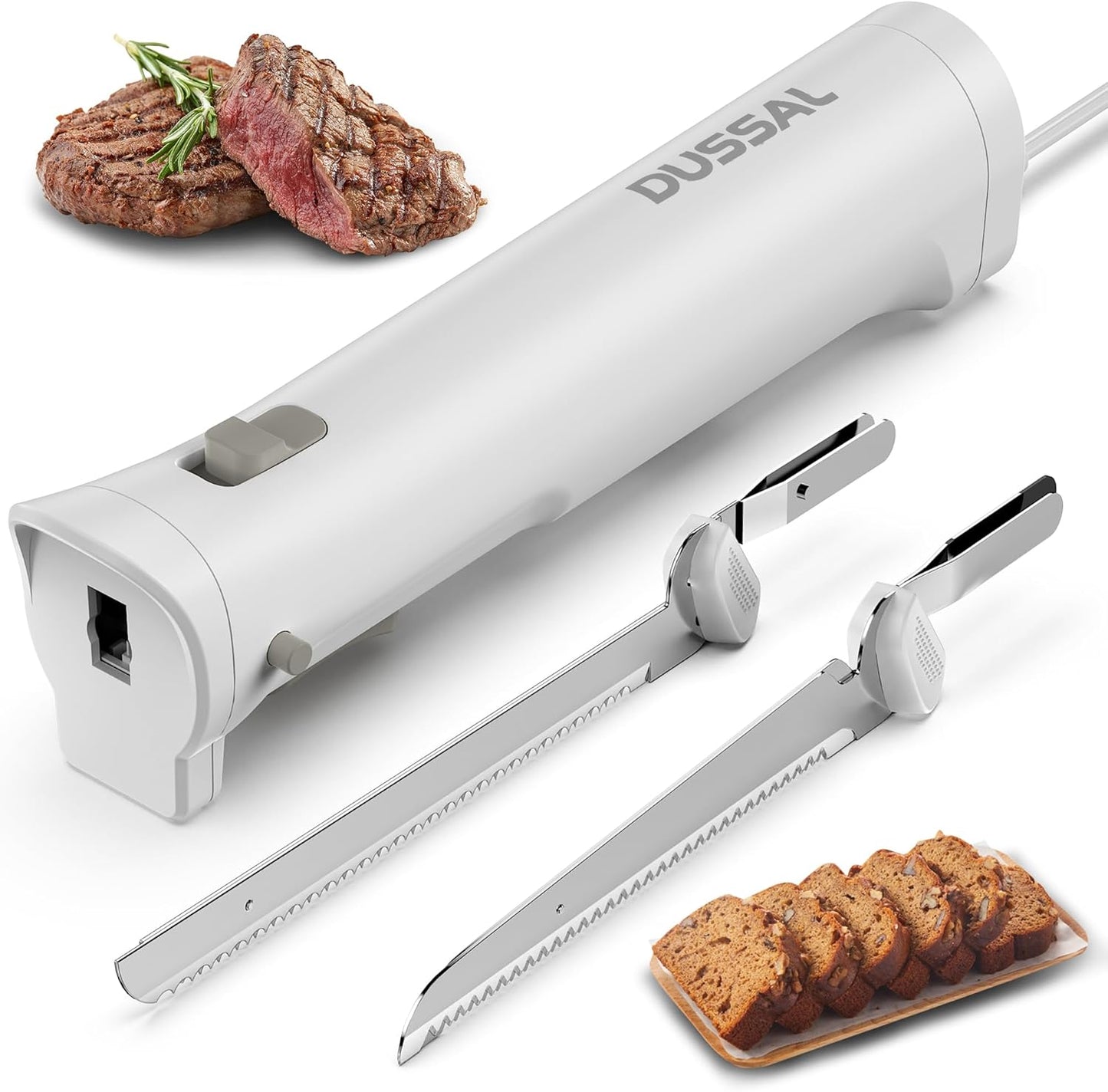 DUSSAL Electric Knife, Electric Cutting Knife, 4 Stainless Steel Blades, Safety Lock Switch, Blade Release Buttons, On/Off button, Cutting Meats, Poultry, Bread, Cheese & More (White)