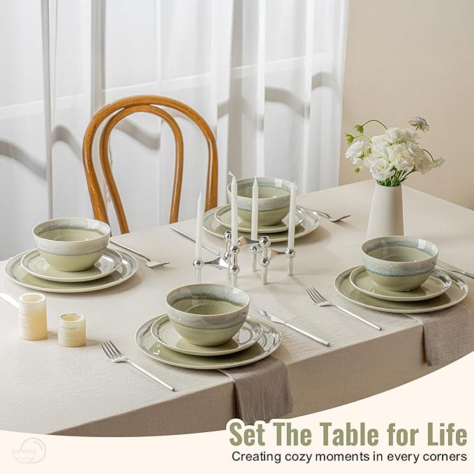 Plates and Bowls Sets, 12 Pieces Grass Green Dinnerware Sets for Kitchen, Reactive Glaze Dishes Set for 4, Dishwasher and Microwave Safe, Series Starflecked Shore (Grass Green)