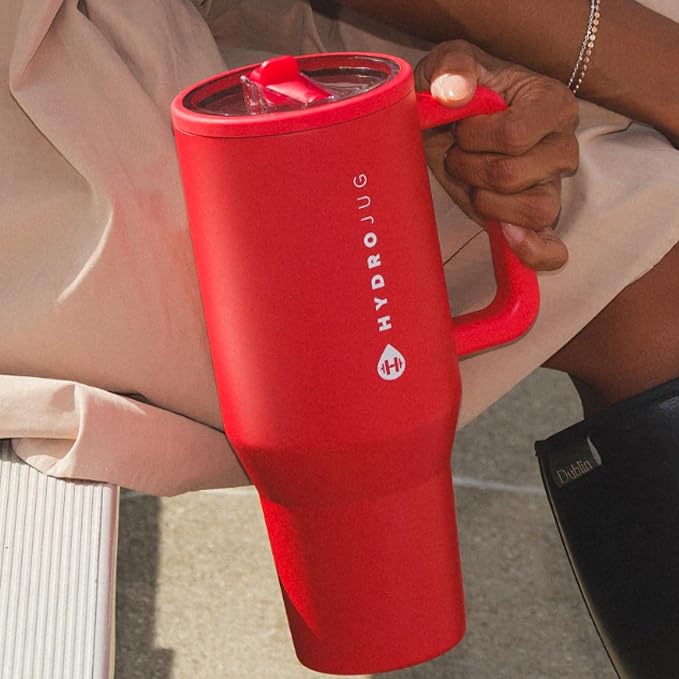 HydroJug Traveler - 32 oz Water Bottle with Handle & Flip Straw - Fits in Cup Holder, Leak Resistant Tumbler-Reusable Insulated Stainless Steel & Rubber Base - Gifts for Women & Men, Alumni Red