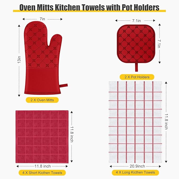 Oven Mitts Kitchen Towels Dishcloths with Pot Holders Sets 12PCS, Dish Towels Sets, Oven Gloves Pot Pads Heat Resistant 500 Degrees with Non-Slip Silicone Surface for Cooking Baking Grilling Red