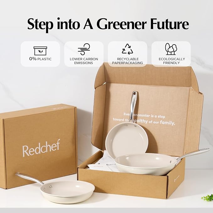 Redchef Nonstick Frying Pans Set, Ceramic Pan Skillet, Non Toxic Pans for Cooking, 8" 9.5" 11" Ceramic Frying Pan Set PFAS & PTFE & PFOA Free with Stay Cool Handle, Dishwasher & Oven Safe, Beige White