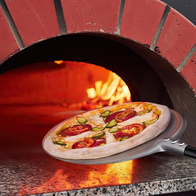 Turning Pizza Peel, 9 Inch Aluminum Perforated Peel with Detachable 33 or 48 Inch Long handle, Lightweight Pizza Paddle for Baking Homemade Pizza Bread