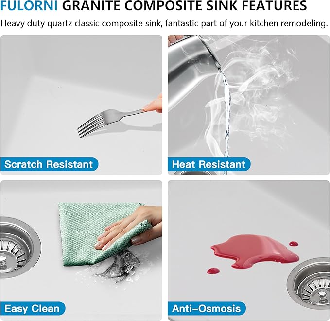 24 Undermount Laundry Sink - Fulorni 24"x18" Laundry Room Utility Sink White Granite Composite Quartz Classic 12 Inch Deep Single Bowl Under Counter Basin