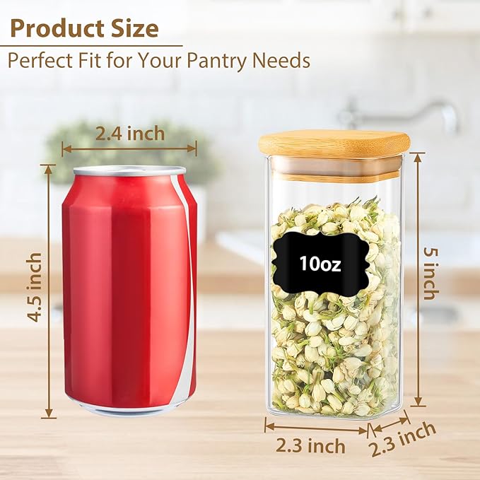 12 Pack 10 oz Square Glass Spice Jars with Lids and Labels – Airtight Small Spice Containers Set, Clear Glass Storage Jars for Seasoning, Spices, Kitchen Pantry Organization