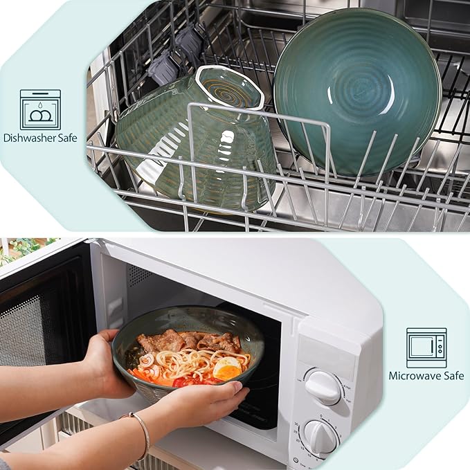 NUTRIUPS Ceramic Ramen Bowl Set of 2 Noodles Bowl with Chopsticks and Spoons, 50oz Large Ramen Bowl- Deep Ocean Green