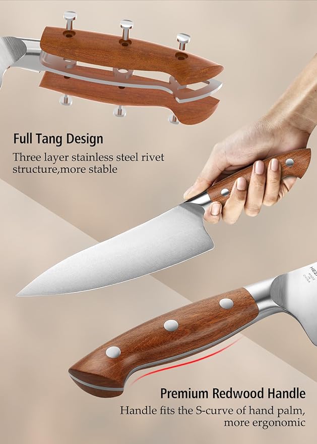 HEZHEN Knife Set,5 Piece Kitchen Chef Knife Set, German High Carbon Stainless Steel Ultra Sharp Chef Santoku Slicing Utility Paring Knives Sets, Ergonomic Full Tang Handle Cooking Cutlery Set Gift