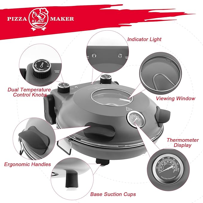 KLAIF 12" Electric Countertop Pizza Oven With Ceramic Stone, Dual Adjustable Temperature Controls, Includes 4 Pizza Tools (Grey)