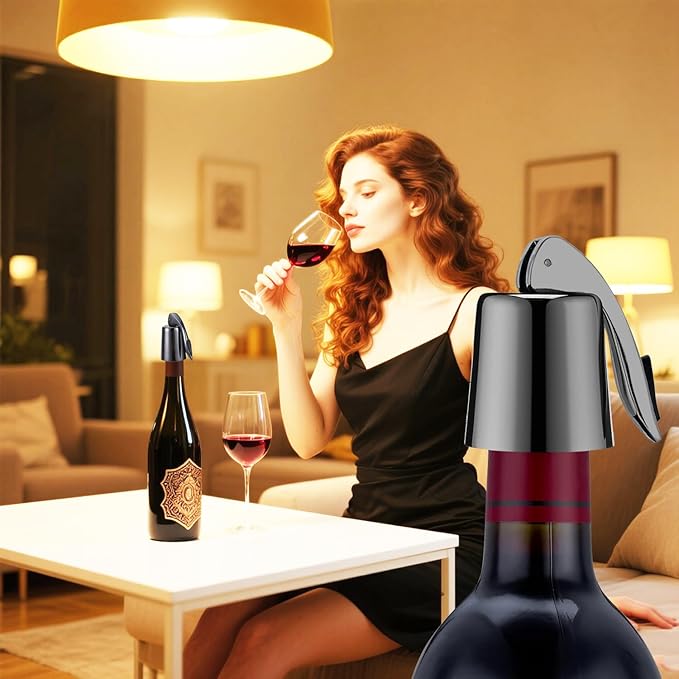 Stainless Steel Wine Bottle Stoppers with Silicone - Reusable Wine Freshness Keep,Wine Bottle Sealer Stopper, Ideal Wine Saver Accessory Gift (Black,2 Pack)