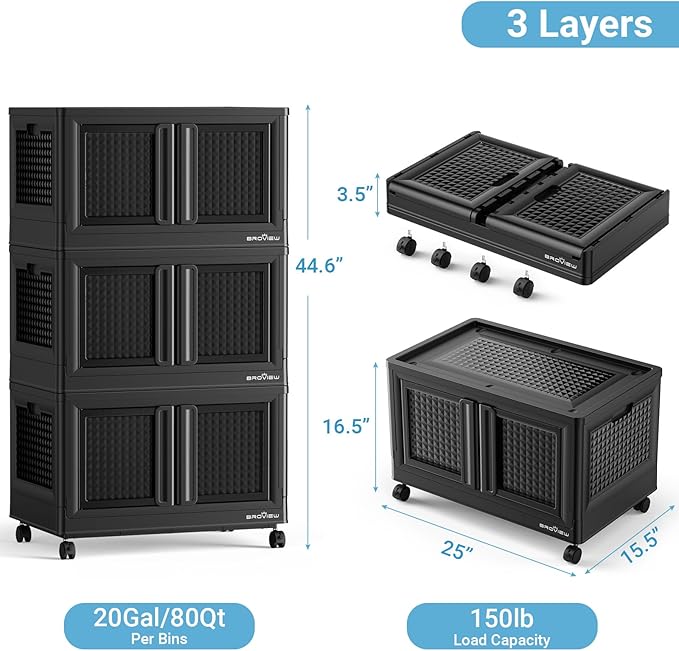 BROVIEW 600Qt Stackable Storage Bins with Lids, 150Gal Closet Organizers and Storage Drawer, Plastic Collapsible Storage Bins with Doors, Heavy Duty Store Box Cabinet for Home Kitchen, 6Pack Black