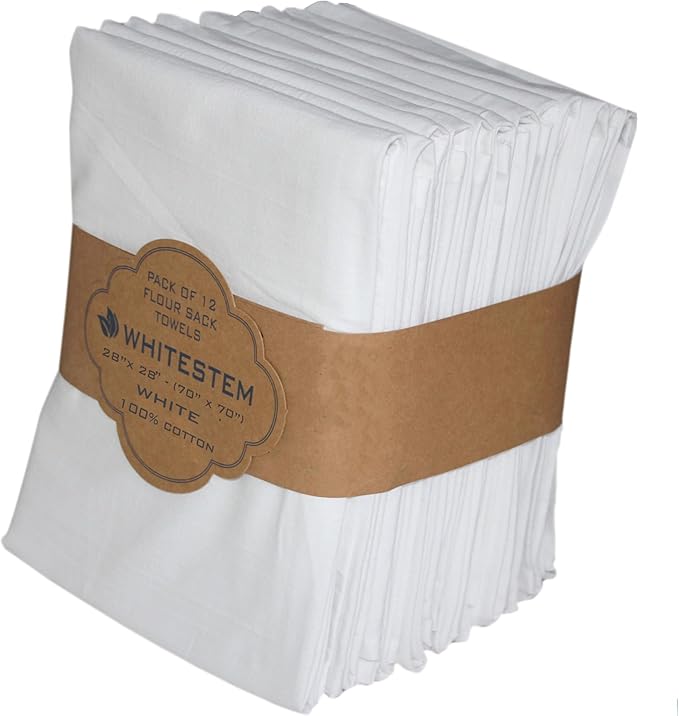 Flour Sack Tea Towel for Crafts| Kitchen Dish Cotton Blank Towel for Embroidery| Baking Bread Proofing Linen Cover| Thick Absorbent Quick Dry | 12 Pack 28"x28" White
