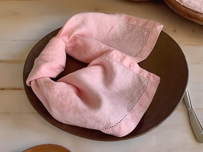 Hemstitched Linen Napkins – 20 Inch x 20 Inch – Stonewashed Pure Linen Cloth Dinner Napkins with Mitered Corners - 100% French Flax – Machine Washable - Set of 4 (Blush Pink)
