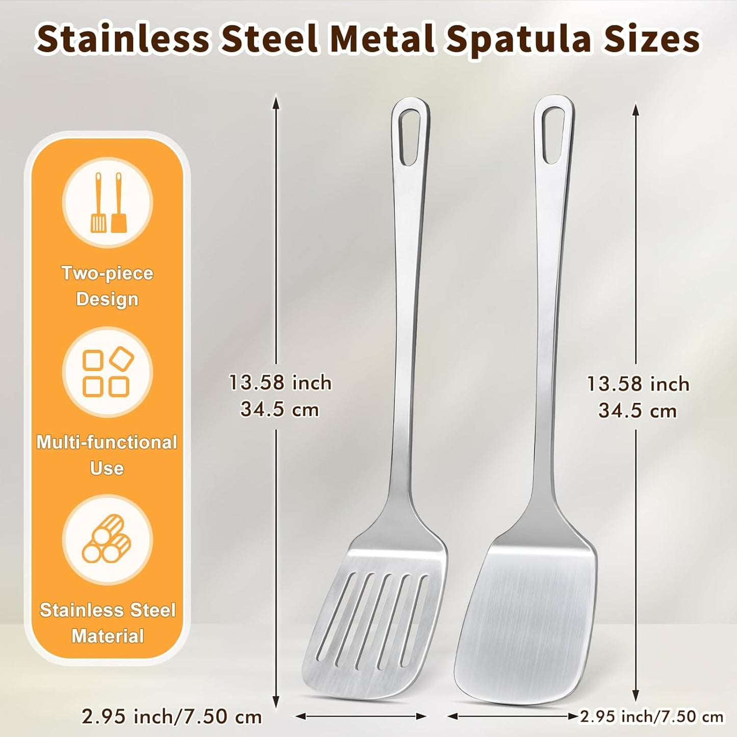 Stainless Steel Spatula, Metal Spatula Slotted Turner, Heavy Duty Sturdy Spatulas for Kitchen Use, High Heat Resistant Cooking Utensils for Fish Eggs Pancakes, Dishwasher Safe, Easy to Clean, Silver