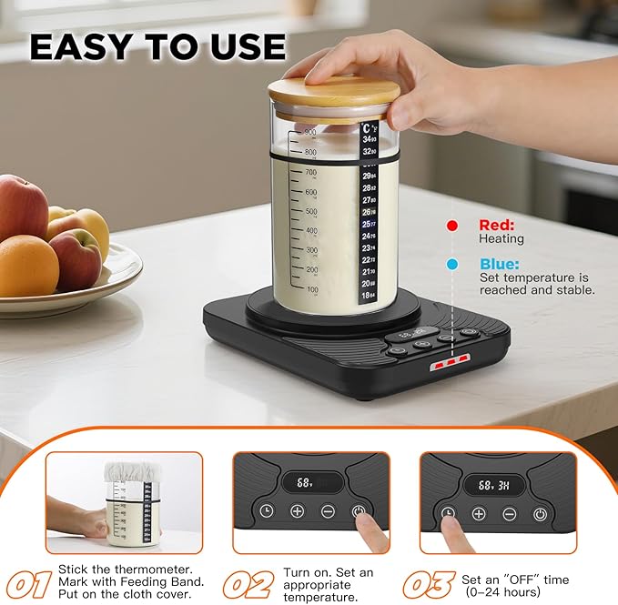 Sourdough Starter Warmer Kit with 34oz Glass Jar & Thermometer - 24H Timer Auto ON/OFF, 1°F Control (70-100°F), Smart Warming Memory, Sour Dough Bread Starter Heater Accessories, Home Baker Tool Gifts