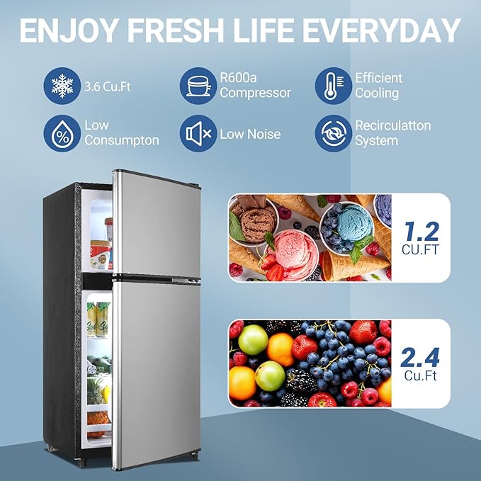 Dorm Fridge with Freezer, Small Refrigerator 3.6 Cu. Ft. with Freezer for Apartment, Temperature Adjustable Apartment Size Fridge for Kichen, College, RV, Office, Silver
