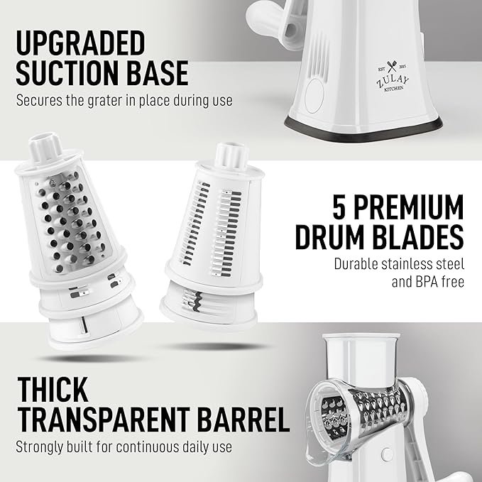 Zulay Kitchen Rotary Cheese Grater 5 Blade Cheese Shredder - Manual Hand Crank Cheese Grater With Reinforced Suction & 5 Interchangeable Drums - Easy to Use, Vegetable Chopper Round Mandoline Slicer
