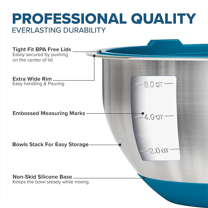 Viking Mixing Bowls Set, 10 Piece Stainless Steel Kitchen Cookware, Non-Slip Silicone Base, Includes Tight Fit Lids, Dishwasher Safe, Teal