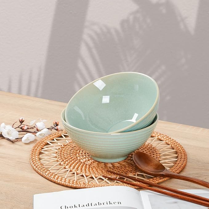 NUTRIUPS Set of 2 Ceramic Ramen Bowls with Spoons & Chopsticks, 40oz Large Soup Bowls for Udon, Miso, Noodles (Mossy Glaze)