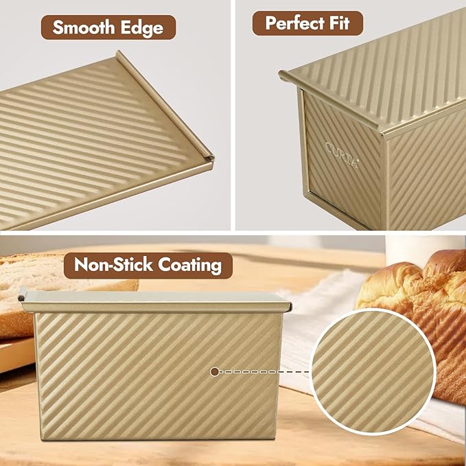 CURTA Commercial Pullman Loaf Pan with Lid 1 lb Dough Capacity Non-Stick Bakeware for Baking Bread, Corrugated Bread Toast Mold with Bread loaf pan, Champagne Gold 2pcs