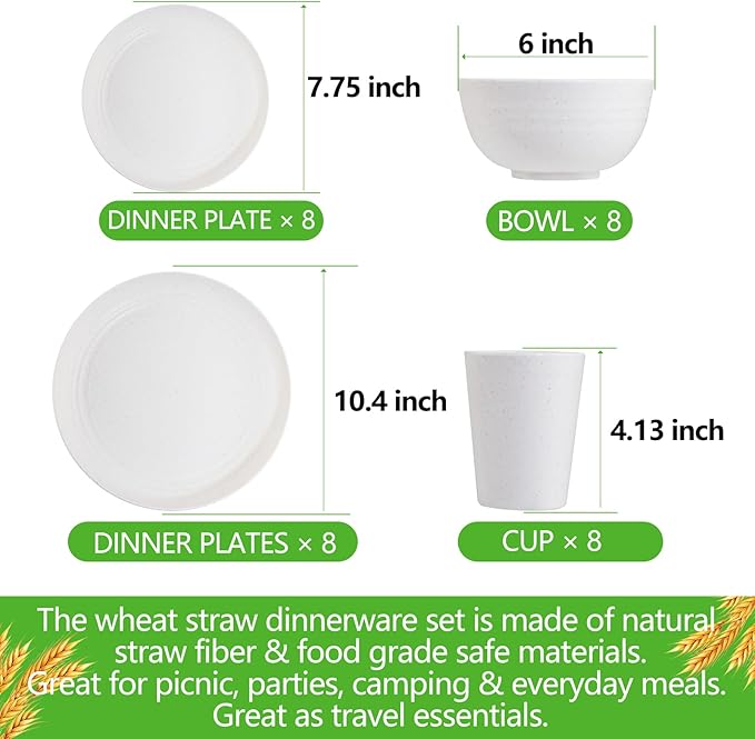 Supernal 32pcs Wheat Straw Dinnerware Sets, White Dishes for 8, Plates and Bowls Sets, Reusable Plastic Plates, Microwave Dishwasher Safe, White Plastic Dinnerware Set