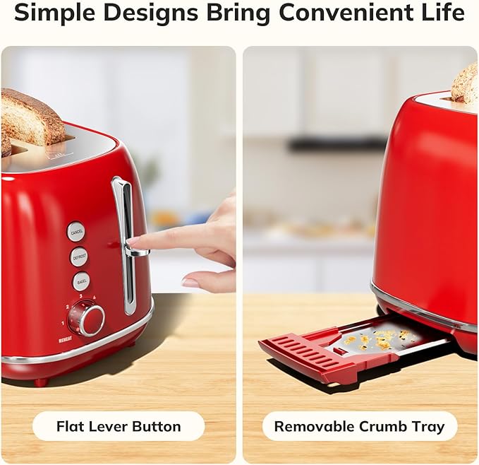 2 Slice Stainless Steel Toaster Retro with 6 Bread Shade Settings, Bagel, Cancel, Defrost Function, Extra Wide Slot, Removable Crumb Tray, Red