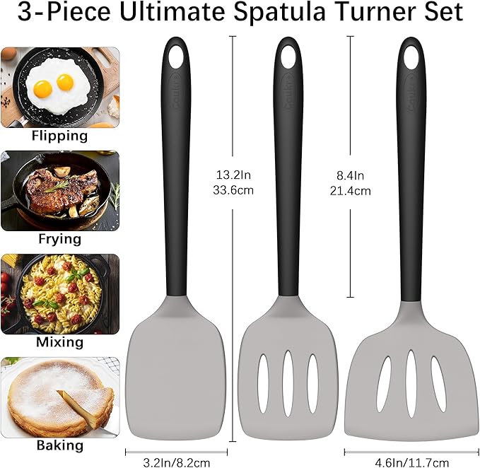 Coukre 3 Pack Silicone Spatula Set, High Heat Resistant, BPA-Free, Fish Spatula, Solid & Slotted Turner for Non-Stick Pans, Flipping Eggs, Pancakes, Fish, Burgers (3, GrayBlack)