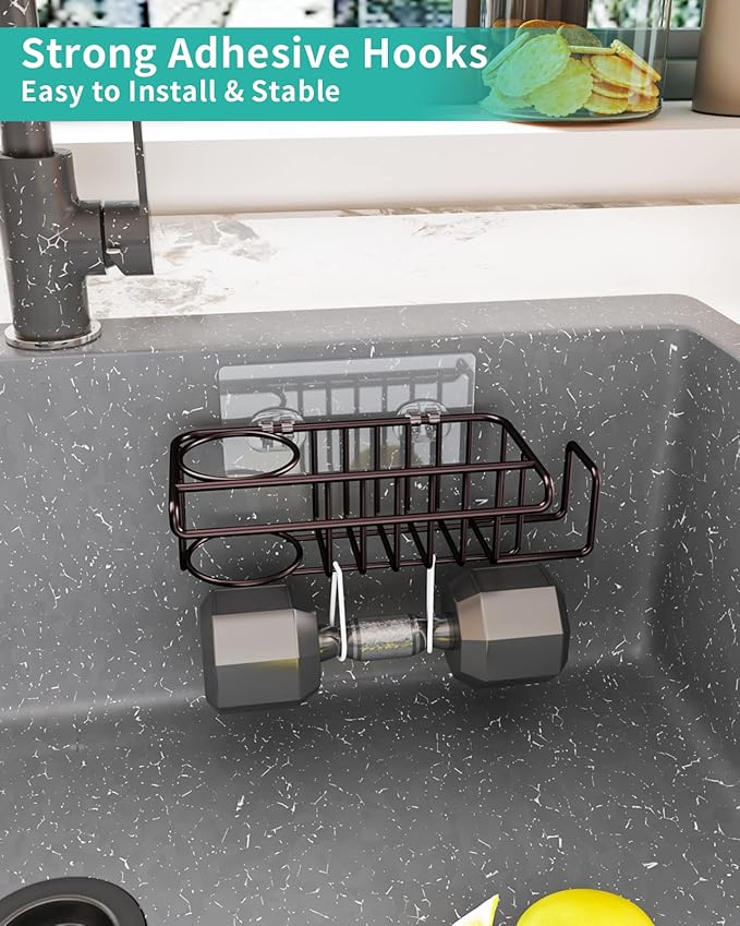 HapiRm 4 in 1 Adhesive Kitchen Sink Organizer, SUS304 Stainless Steel Brush Holder + Dish Cloth Hanger + Soap Rack + Sink Stopper Holder, No Drilling Sponge Caddy for Kitchen - Bronze