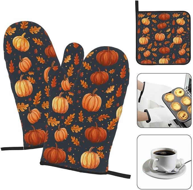 Oven Mitts Pot Holders Set 3 for Kitchen, Pumpkins Insulation Oven Gloves Heat Resistant Pot Pads Cook Essentials Accessories for BBQ Baking Cooking Kitchen Decor Gifts for Women