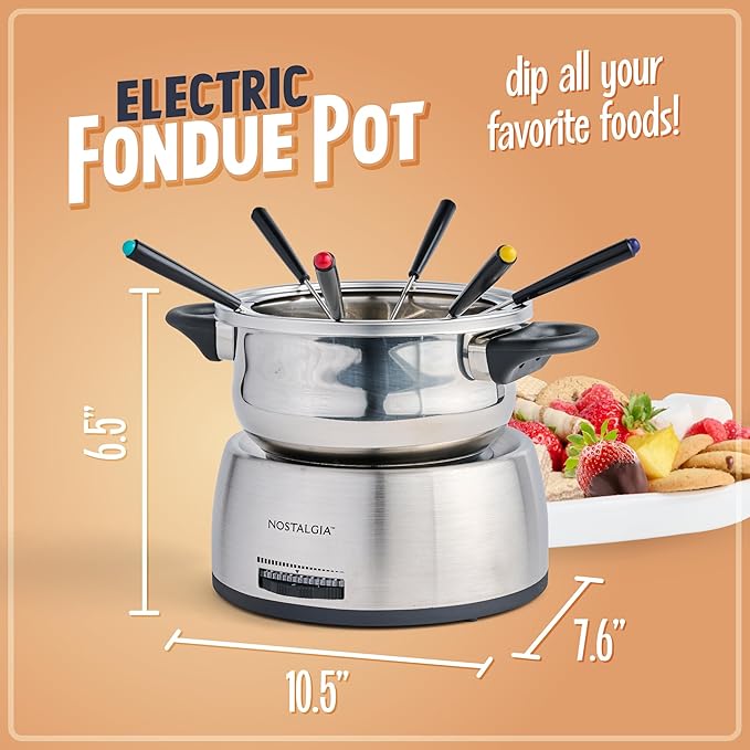 Nostalgia 6-Cup Electric Fondue Pot Set for Cheese & Chocolate - 6 Color-Coded Forks, Temperature Control - Stainless Steel Kitchen Gadgets and Appliances for Hors d'Oeuvres and More - Stainless Steel