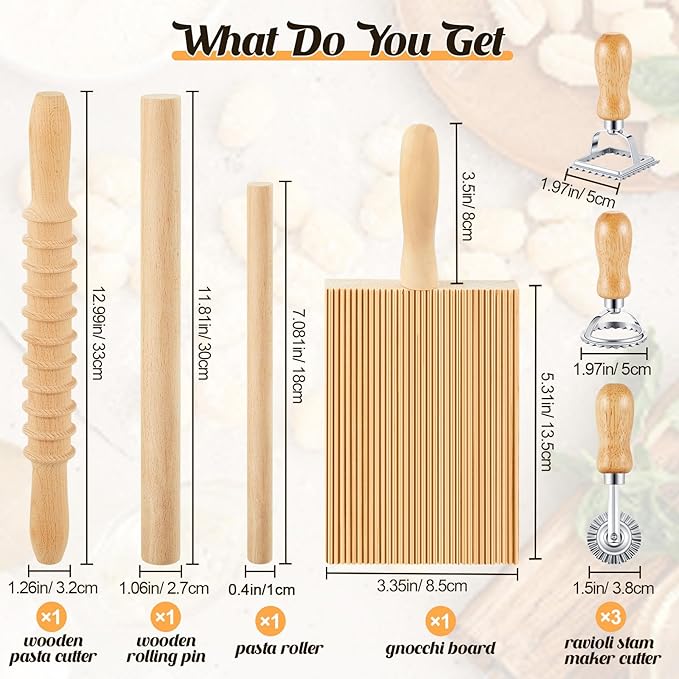 Tioncy 7 Pcs Pasta Making Tool Set Wood Gnocchi Board with Ravioli Stamp Ravioli Maker and Rolling Pin Homemade Gnocco Maker Kitchen Gift for Christmas Baking Lovers(Classic Gnocchi Board Set)