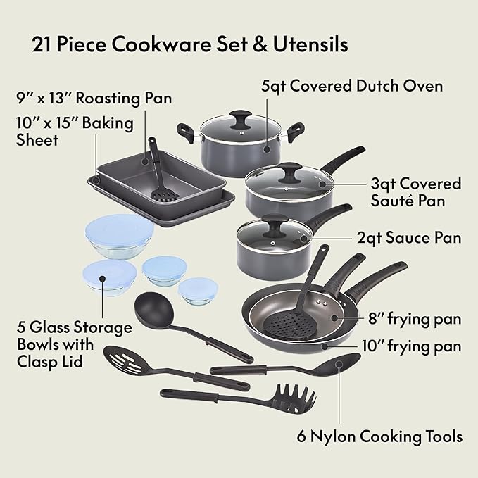 BELLA Nonstick Cookware Set with Glass Lids - Aluminum Bakeware, Pots and Pans, Storage Bowls & Utensils, Compatible with All Stovetops, 21 Piece, Black