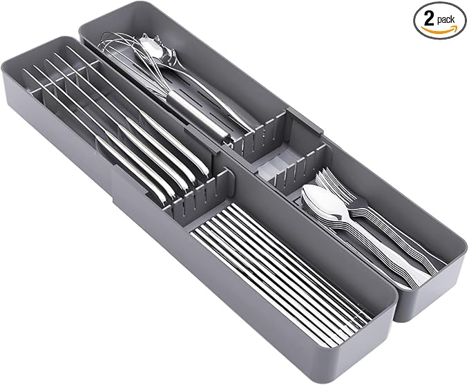 Kitchen Drawer Silverware Organizer, Adjustable Cutlery Organizer, Expandable Utensils Holder, Silverware Dividers Tray, Storage for Flatware, Large Drain Board (Gray,2 Sets)