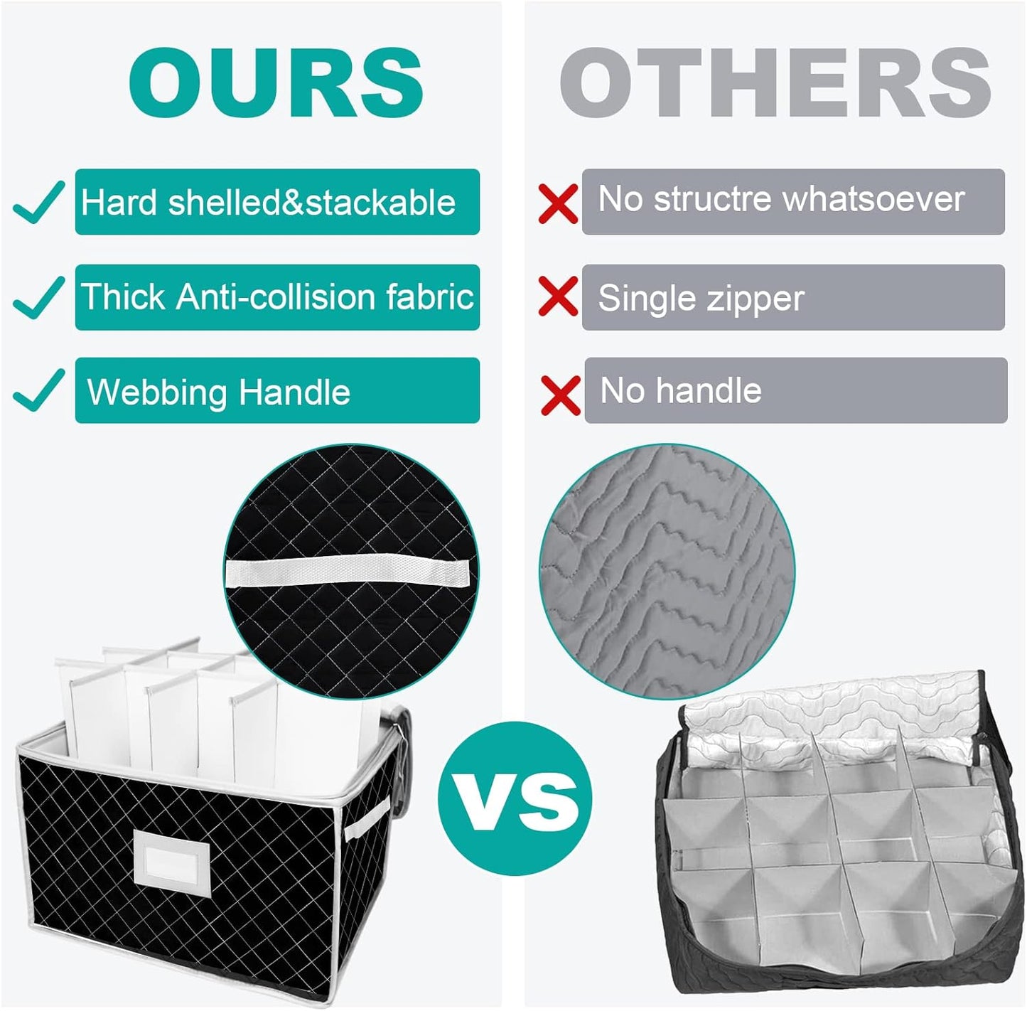 VERONLY China Storage Containers - Stemware Storage Cases for 12 Wine Champagne Glasses - 2 Pack Crystal Glassware Protector Packing Boxes with Dividers and 2 Handles for Moving (Black)