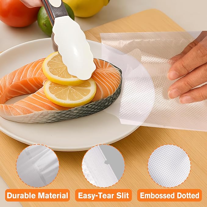 FUNFERY Pre-cut Vacuum Sealer Bags for Food, 200 Quart 8" x 12", Food Long-Term Storage and Sous Vide Commercial-Grade Bag,BPA Free Bags,Easy Labled