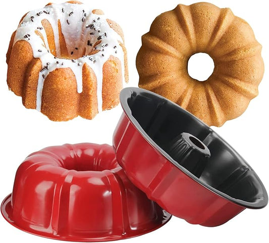 OAMCEG 2 Pack Bunte Cake Pan Nonstick - 10 Inches Fluted Tube Cake Pans for baking, 12 Cups Heavy Duty Carbon Steel Tube Pan Baking Mold for Buntelet, Bavarois, Brownie, Jello, Flan, Meatloaf (Red)