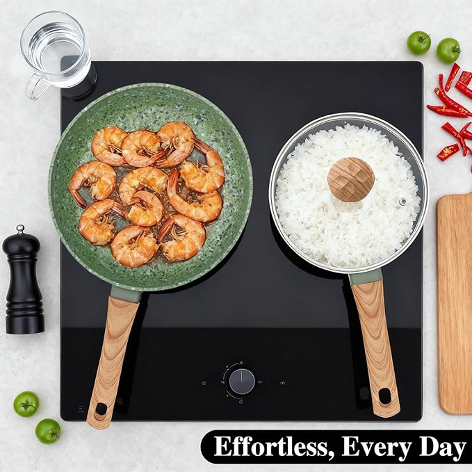 2-Piece Nonstick Cookware Set, 8.5 Inch Frying Pan & 1.43QT Saucepan with Lid | PFAS & PFOA Free Non-Toxic Coating | Induction Compatible, Dishwasher Safe | Pots and Pans Set for Beginner Kitchen