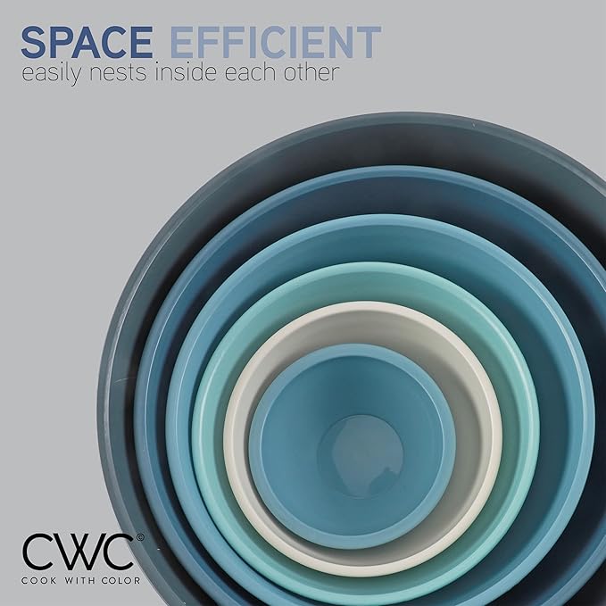 COOK WITH COLOR Mixing Bowls with Lids - 12 Piece Plastic Nesting Bowls Set includes 6 Prep Bowls and 6 Lids, Rhombus Design - Microwave Safe (Blue)