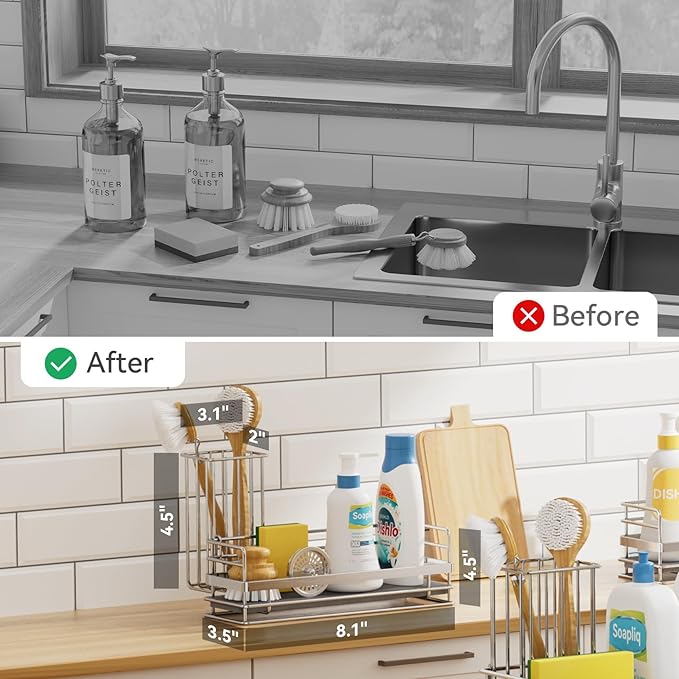 Yofidra Sink Caddy with Stone Drying Tray: Stainless Steel Soap Dispenser Kitchen Sink Organizer Set, Sponge Holder Counter Accessories Decor for Kitchen Organizers and Storage 8.1x3.5x4.5 in Sliver