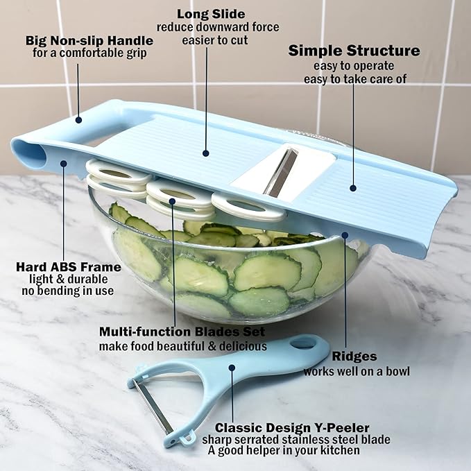 5 in 1 Mandoline Slicer for Kitchen, Vegetable Slicer Multi Blade Potato Chip, Veggie shredder, Vegetable Cutter, Julienne Shredder and peeler For Small Job In Kitchen Blue